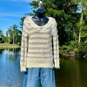 Katsumi Soft Fuzzy Off White Beige Striped Sweater Scalloped Crochet Lace Collar